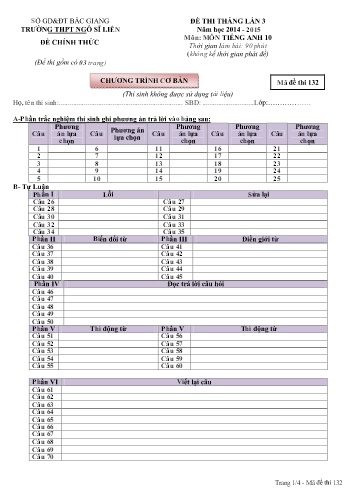 Đề thi tháng Tiếng Anh 10 (Lần 3) - Mã đề 132 - Năm học 2014-2015 - Trường THPT Ngô Sĩ Liên (Có đáp án)