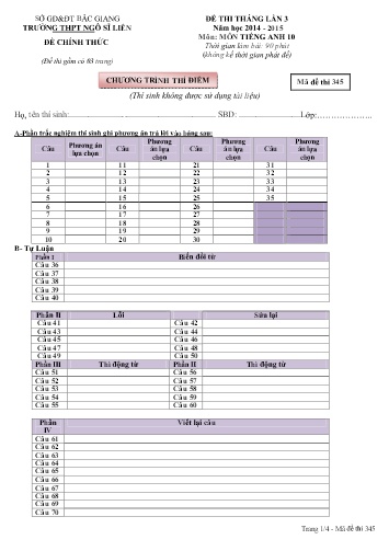 Đề thi tháng Tiếng Anh 10 (Lần 3) - Mã đề 345 - Năm học 2014-2015 - Trường THPT Ngô Sĩ Liên (Có đáp án)