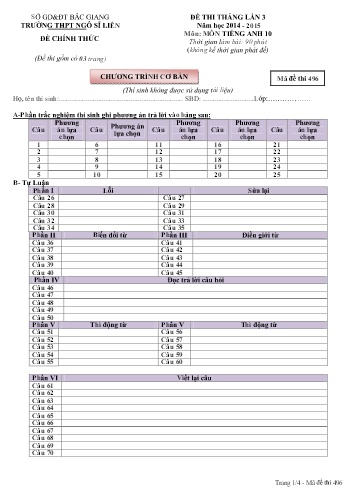 Đề thi tháng Tiếng Anh 10 (Lần 3) - Mã đề 496 - Năm học 2014-2015 - Trường THPT Ngô Sĩ Liên (Có đáp án)