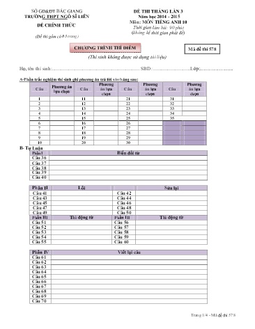 Đề thi tháng Tiếng Anh 10 (Lần 3) - Mã đề 578 - Năm học 2014-2015 - Trường THPT Ngô Sĩ Liên (Có đáp án)