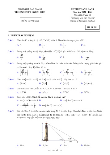 Đề thi tháng Toán 10 (Lần 1) - Mã đề 101 - Năm học 2022-2023 - Trường THPT Ngô Sĩ Liên
