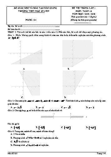 Đề thi tháng Toán 10 (Lần 1) - Mã đề 101 - Năm học 2024-2025 - Trường THPT Ngô Sĩ Liên (Có đáp án + Ma trận)