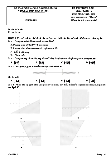 Đề thi tháng Toán 10 (Lần 1) - Mã đề 105 - Năm học 2024-2025 - Trường THPT Ngô Sĩ Liên (Có đáp án + Ma trận)