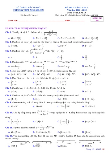 Đề thi tháng Toán 10 (Lần 2) - Mã đề 101 - Năm học 2022-2023 - Trường THPT Ngô Sĩ Liên