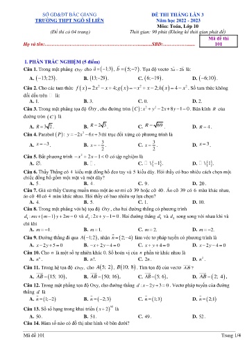 Đề thi tháng Toán 10 (Lần 3) - Mã đề 101 - Năm học 2022-2023 - Trường THPT Ngô Sĩ Liên