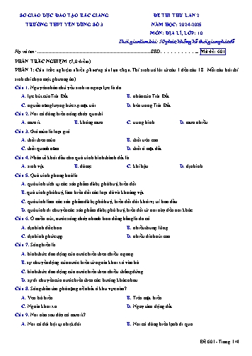 Đề thi thử Địa lí 10 (Lần 2) - Mã đề 601 - Năm học 2024-2025 - Trường THPT Yên Dũng số 3
