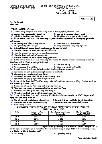 Đề thi thử Địa lí 10 (Lần 3) - Mã đề 682 - Năm học 2020-2021 - Trường THPT Yên Thế (Có đáp án)