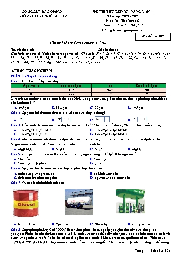 Đề thi thử rèn kĩ năng Hóa học 10 (Lần 1) - Mã đề 302 - Năm học 2024-2025 - Trường THPT Ngô Sĩ Liên (Có đáp án)