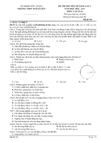 Đề thi thử rèn kĩ năng Vật lí 10 (Lần 1) - Mã đề 101 - Năm học 2024-2025 - Trường THPT Ngô Sĩ Liên (Có đáp án + Ma trận)
