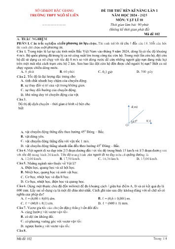 Đề thi thử rèn kĩ năng Vật lí 10 (Lần 1) - Mã đề 102 - Năm học 2024-2025 - Trường THPT Ngô Sĩ Liên (Có đáp án + Ma trận)