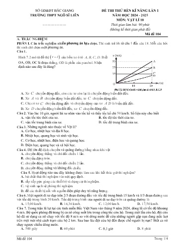 Đề thi thử rèn kĩ năng Vật lí 10 (Lần 1) - Mã đề 104 - Năm học 2024-2025 - Trường THPT Ngô Sĩ Liên (Có đáp án + Ma trận)