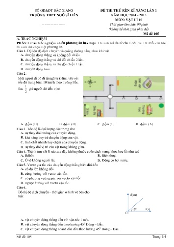 Đề thi thử rèn kĩ năng Vật lí 10 (Lần 1) - Mã đề 105 - Năm học 2024-2025 - Trường THPT Ngô Sĩ Liên (Có đáp án + Ma trận)