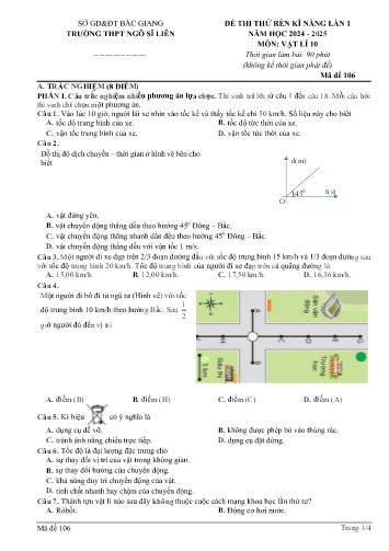 Đề thi thử rèn kĩ năng Vật lí 10 (Lần 1) - Mã đề 106 - Năm học 2024-2025 - Trường THPT Ngô Sĩ Liên (Có đáp án + Ma trận)