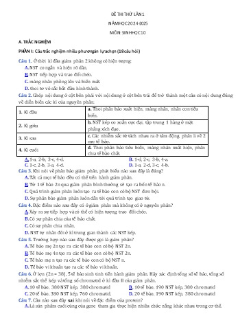 Đề thi thử Sinh học 10 (Lần 1) - Năm học 2024-2025 (Có đáp án)