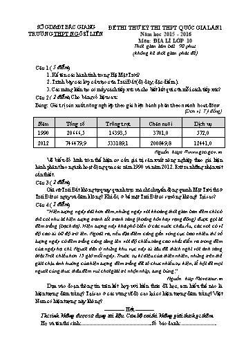 Đề thi thử THPT QG Địa lí 10 (Lần 1) - Năm học 2015-2016 - Trường THPT Ngô Sĩ Liên (Có đáp án)
