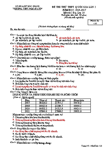 Đề thi thử THPT QG Địa lí 10 (Lần 2) - Mã đề 132 - Năm học 2016-2017 - Trường THPT Ngô Sĩ Liên (Có đáp án + Ma trận)