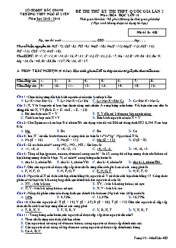 Đề thi thử THPT QG Hóa học 10 (Lần 2) - Mã đề 485 - Năm học 2015-2016 - Trường THPT Ngô Sĩ Liên (Có đáp án)
