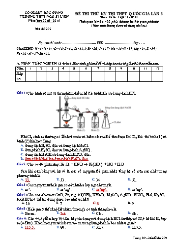 Đề thi thử THPT QG Hóa học 10 (Lần 3) - Mã đề 209 - Năm học 2015-2016 - Trường THPT Ngô Sĩ Liên (Có đáp án)