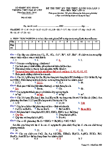 Đề thi thử THPT QG Hóa học 10 (Lần 3) - Mã đề 485 - Năm học 2015-2016 - Trường THPT Ngô Sĩ Liên (Có đáp án)
