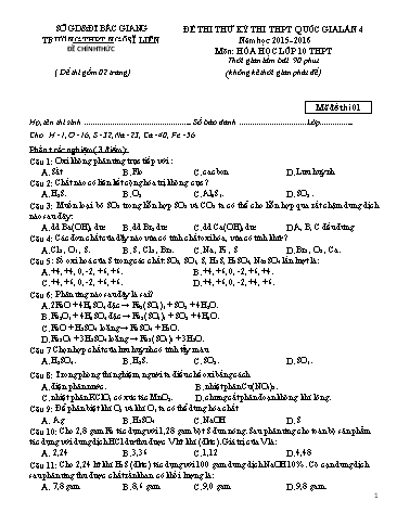 Đề thi thử THPT QG Hóa học 10 (Lần 4) - Mã đề 01 - Năm học 2015-2016 - Trường THPT Ngô Sĩ Liên (Có đáp án)