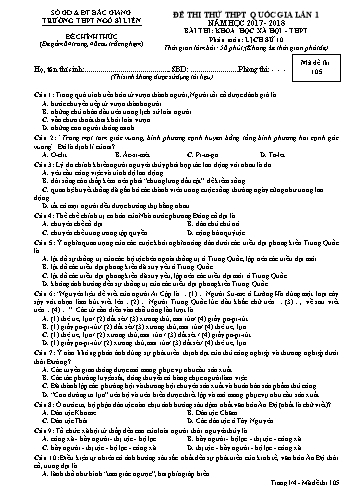 Đề thi thử THPT QG Lịch sử 10 (Lần 1) - Mã đề 105 - Năm học 2017-2018 - Trường THPT Ngô Sĩ Liên (Có đáp án)