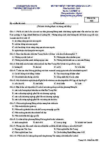 Đề thi thử THPT QG Lịch sử 10 (Lần 1) - Mã đề 485 - Năm học 2018-2019 - Trường THPT Ngô Sĩ Liên (Có đáp án)
