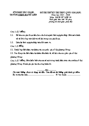 Đề thi thử THPT QG Lịch sử 10 (Lần 1) - Năm học 2015-2016 - Trường THPT Ngô Sĩ Liên (Có đáp án + Ma trận)