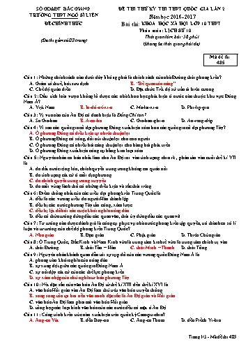 Đề thi thử THPT QG Lịch sử 10 (Lần 2) - Mã đề 485 - Năm học 2016-2017 - Trường THPT Ngô Sĩ Liên (Có đáp án)