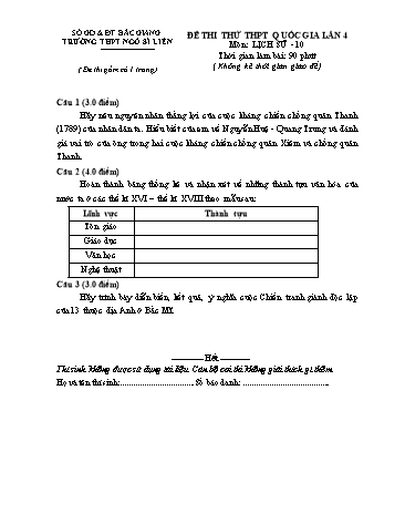 Đề thi thử THPT QG Lịch sử 10 (Lần 4) - Năm học 2015-2016 - Trường THPT Ngô Sĩ Liên (Có đáp án + Ma trận)