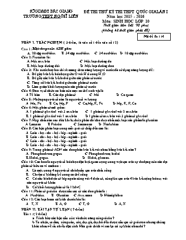 Đề thi thử THPT QG Sinh học 10 (Lần 1) - Mã đề 114 - Năm học 2015-2016 - Trường THPT Ngô Sĩ Liên (Có đáp án)