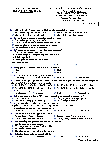 Đề thi thử THPT QG Sinh học 10 (Lần 1) - Mã đề 570 - Năm học 2018-2019 - Trường THPT Ngô Sĩ Liên (Có đáp án + Ma trận)