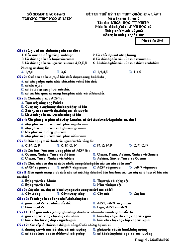 Đề thi thử THPT QG Sinh học 10 (Lần 1) - Mã đề 896 - Năm học 2018-2019 - Trường THPT Ngô Sĩ Liên (Có đáp án + Ma trận)