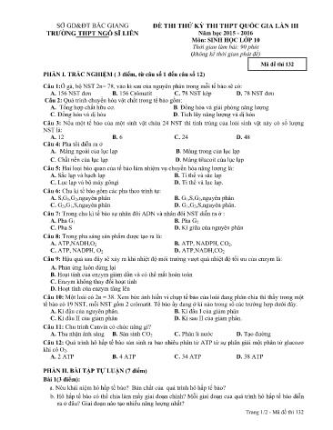 Đề thi thử THPT QG Sinh học 10 (Lần 3) - Mã đề 132 - Năm học 2015-2016 - Trường THPT Ngô Sĩ Liên (Có đáp án)