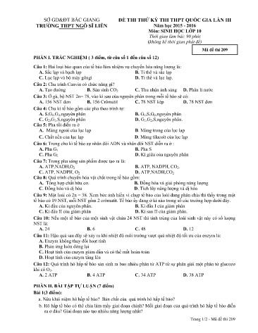 Đề thi thử THPT QG Sinh học 10 (Lần 3) - Mã đề 209 - Năm học 2015-2016 - Trường THPT Ngô Sĩ Liên (Có đáp án)