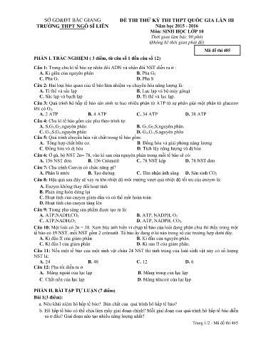 Đề thi thử THPT QG Sinh học 10 (Lần 3) - Mã đề 485 - Năm học 2015-2016 - Trường THPT Ngô Sĩ Liên (Có đáp án)