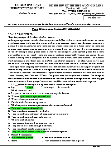 Đề thi thử THPT QG Tiếng Anh 10 (Lần 2) - Mã đề 157 - Năm học 2015-2016 - Trường THPT Ngô Sĩ Liên (Có đáp án)