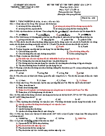 Đề thi thử THPT QG Vật lí 10 (Lần 2) - Mã đề 345 - Năm học 2015-2016 - Trường THPT Ngô Sĩ Liên (Có đáp án)