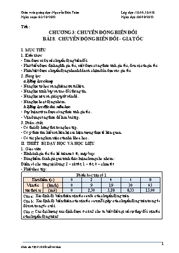 Giáo án Vật lí 10 (Kết nối tri thức) - Chương 3: Chuyển động biến đổi - Bài 8: Chuyển động biến đổi. Gia tốc - Năm học 2022-2023 - Nguyễn Đức Toàn