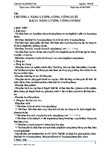 Giáo án Vật lí 10 (Kết nối tri thức) - Chương 4: Năng lượng, công, công suất - Bài 23: Năng lượng, công cơ học - Năm học 2022-2023 - Nguyễn Đức Toàn