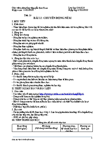 Giáo án Vật lí 10 (Kết nối tri thức) - Tiết 19, Bài 12: Chuyển động ném - Năm học 2022-2023 - Nguyễn Đức Toàn