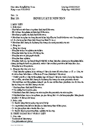Giáo án Vật lí 10 (Kết nối tri thức) - Tiết 24, Bài 15: Định luật II Newton - Năm học 2022-2023 - Nguyễn Đức Toàn