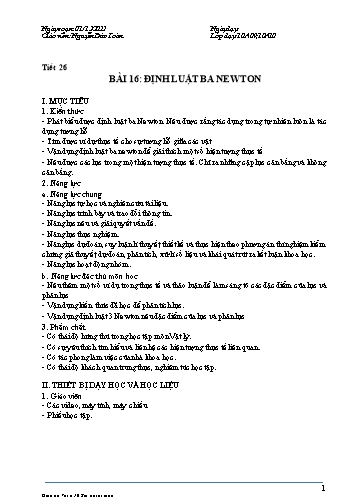 Giáo án Vật lí 10 (Kết nối tri thức) - Tiết 26, Bài 16: Định luật ba Newton - Năm học 2022-2023 - Nguyễn Đức Toàn