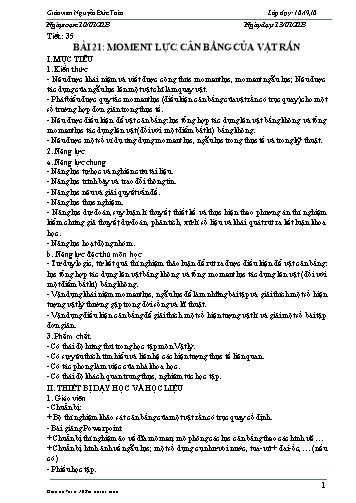 Giáo án Vật lí 10 (Kết nối tri thức) - Tiết 35, Bài 21: Moment lực, cân bằng của vật rắn - Năm học 2022-2023 - Nguyễn Đức Toàn
