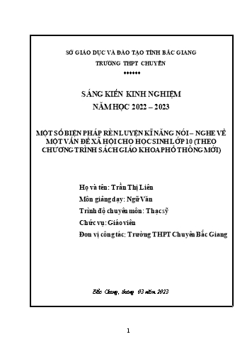 Một số biện pháp rèn luyện kĩ năng nói, nghe về một vấn đề xã hội cho học sinh lớp 10 (Theo định chương trình SGK mới)