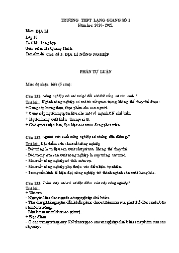 Ngân hàng câu hỏi ôn tập Địa lí 10 - Năm học 2020-2021 - Hà Quang Thích