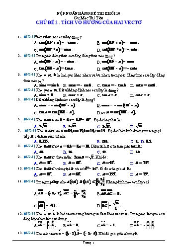 Ngân hàng Câu hỏi ôn tập Hình học 10 - Chủ đề 2: Tích vô hướng của 2 vectơ - Mạc Thị Tiền