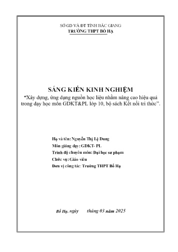 Xây dựng, ứng dụng nguồn học liệu nhằm nâng cao hiệu quả trong dạy học môn GDKT&PL lớp 10, bộ sách Kết nối tri thức