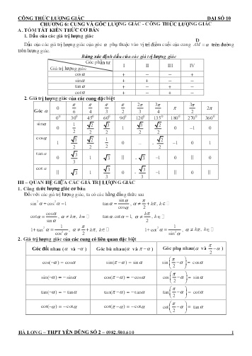 Đề cương ôn tập Toán 10 - Chuyên đề: Công thức lượng giác - Trường THPT Yên Dũng số 2